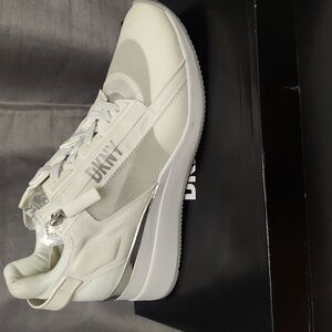 DKNY White & Off-White Wedge Sneakers with Silver Detail